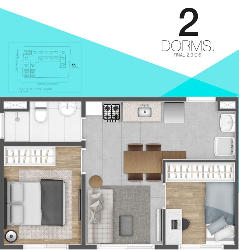 Planta de 2 Dormitórios par ao projeto Look Cursino com os finais 2, 3 e 6