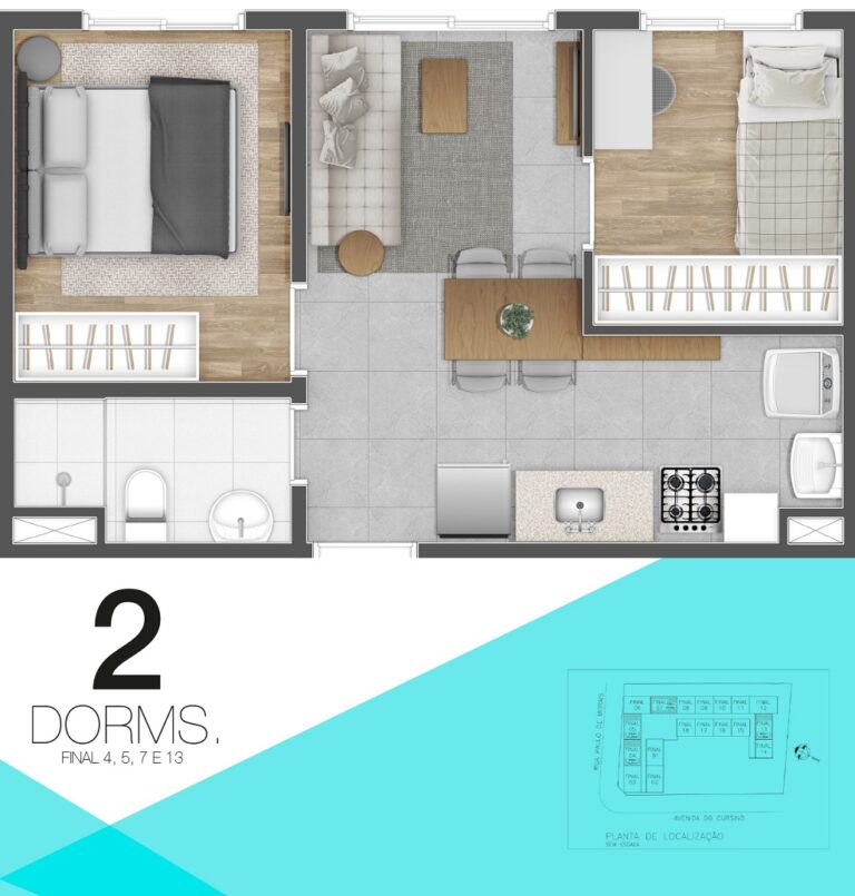 Planta do projeto Look Cursino com 2 dormitórios final 4,5,7 e 13